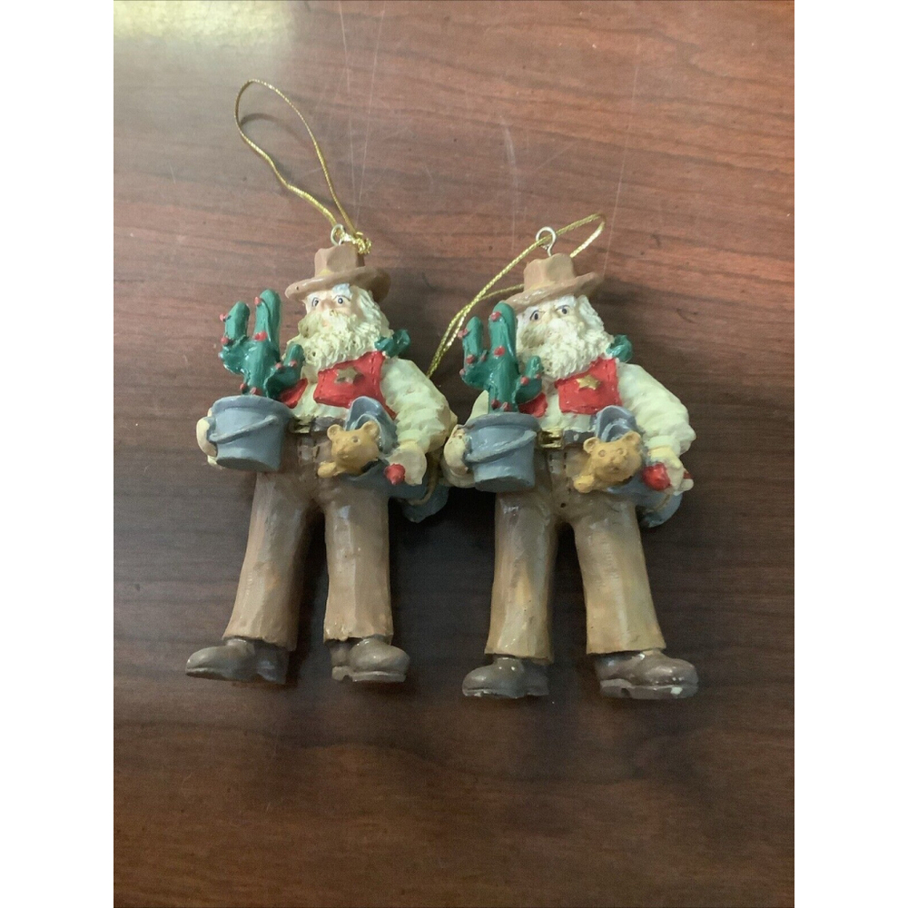 Western Cowboy Santa with Cactus & Toy Bag Resin Ornament 3.5" ~ Preowned